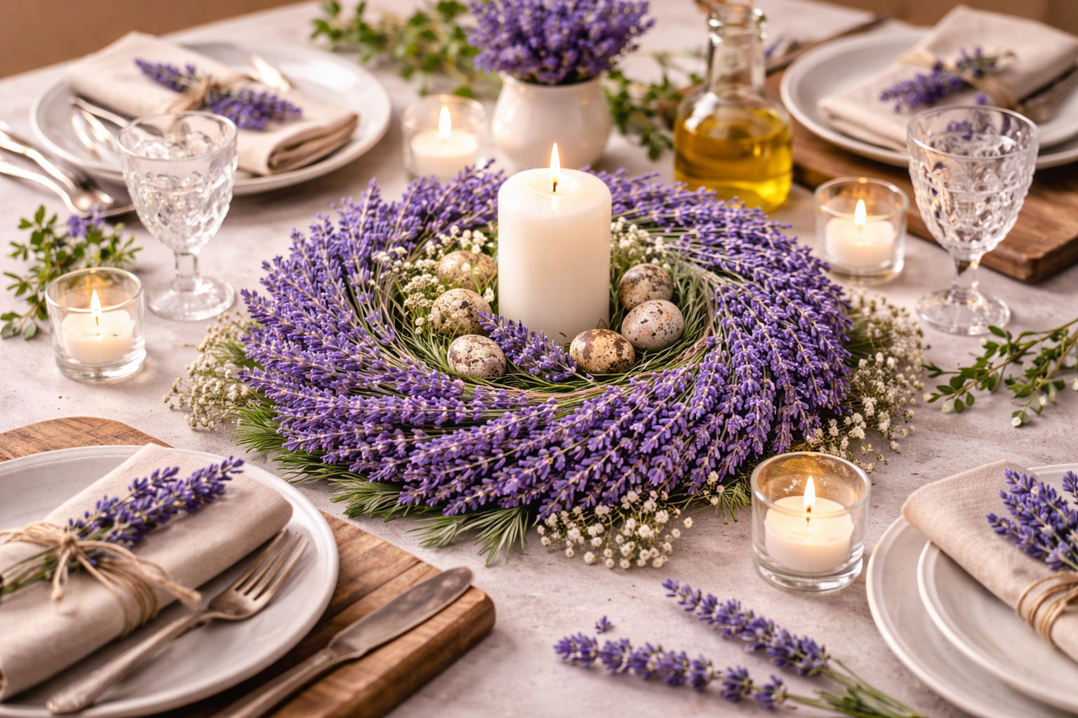 Tischdeko mit Lavendelkranz