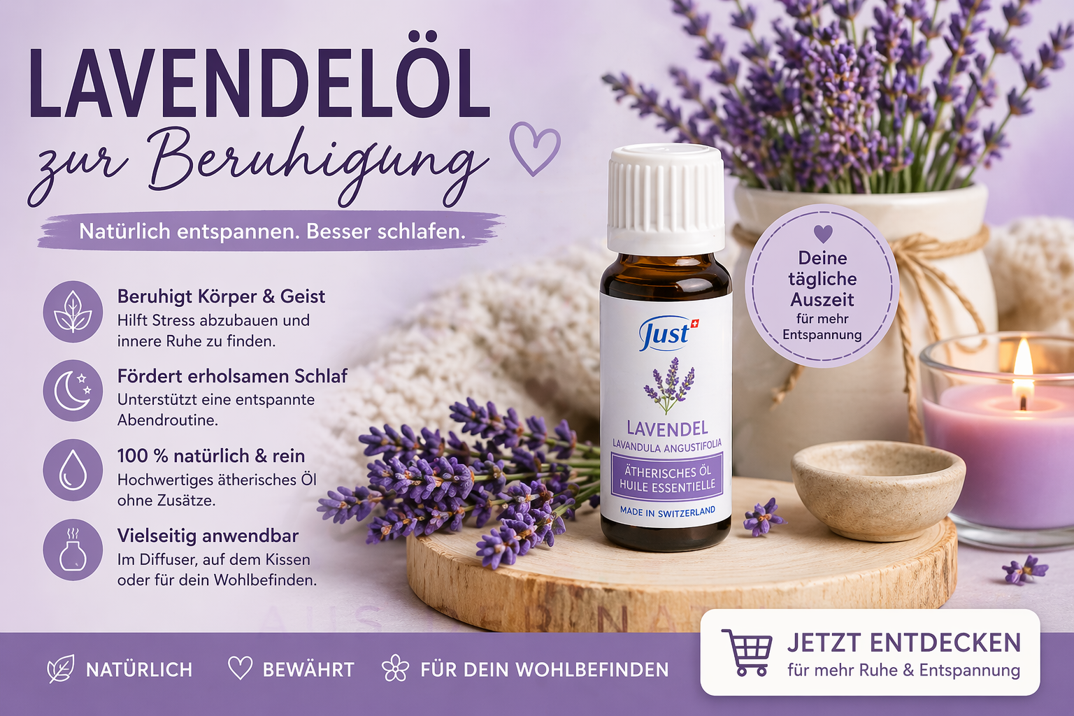 Lavendelöl zur Beruhigung kaufen – entspannender Duft mit Lavendelblüten für ruhige Nächte